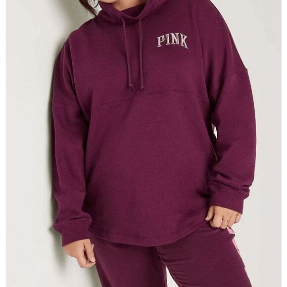 PINK Victorias Secret Maroon Varsity Cowl Neck Hooded Sweater Large - Picture 10 of 11